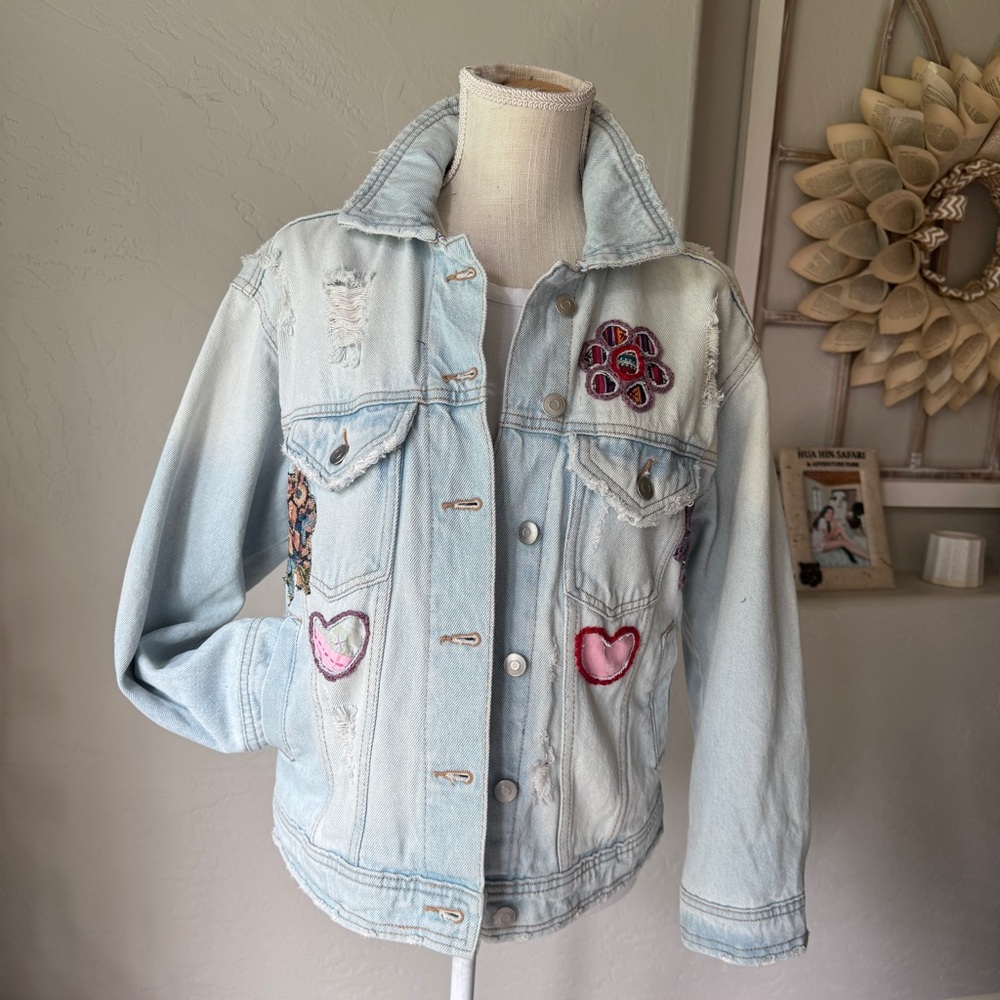 Upcycled Jean Jacket with Patchwork and Distress Size Small